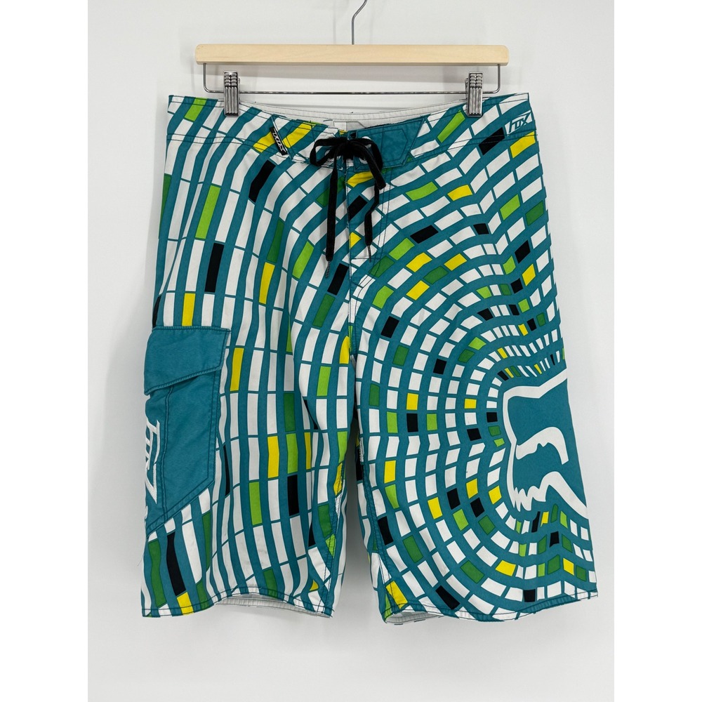 Fox Head Mens Board Shorts Sz 34 Teal Geometric Print‎ Cargo Pocket Swim Trunks